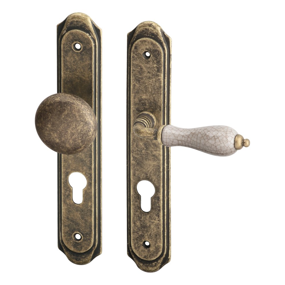 Retro kliky na dveře Antik s otvorem na zámkovou vložku fabku s roztečí 90mm klika-koule pro pravé dveře bronz