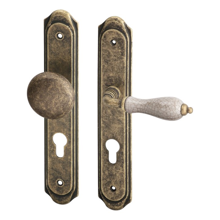 Retro kliky na dveře Antik s otvorem na zámkovou vložku fabku s roztečí 90mm klika-koule pro pravé dveře bronz